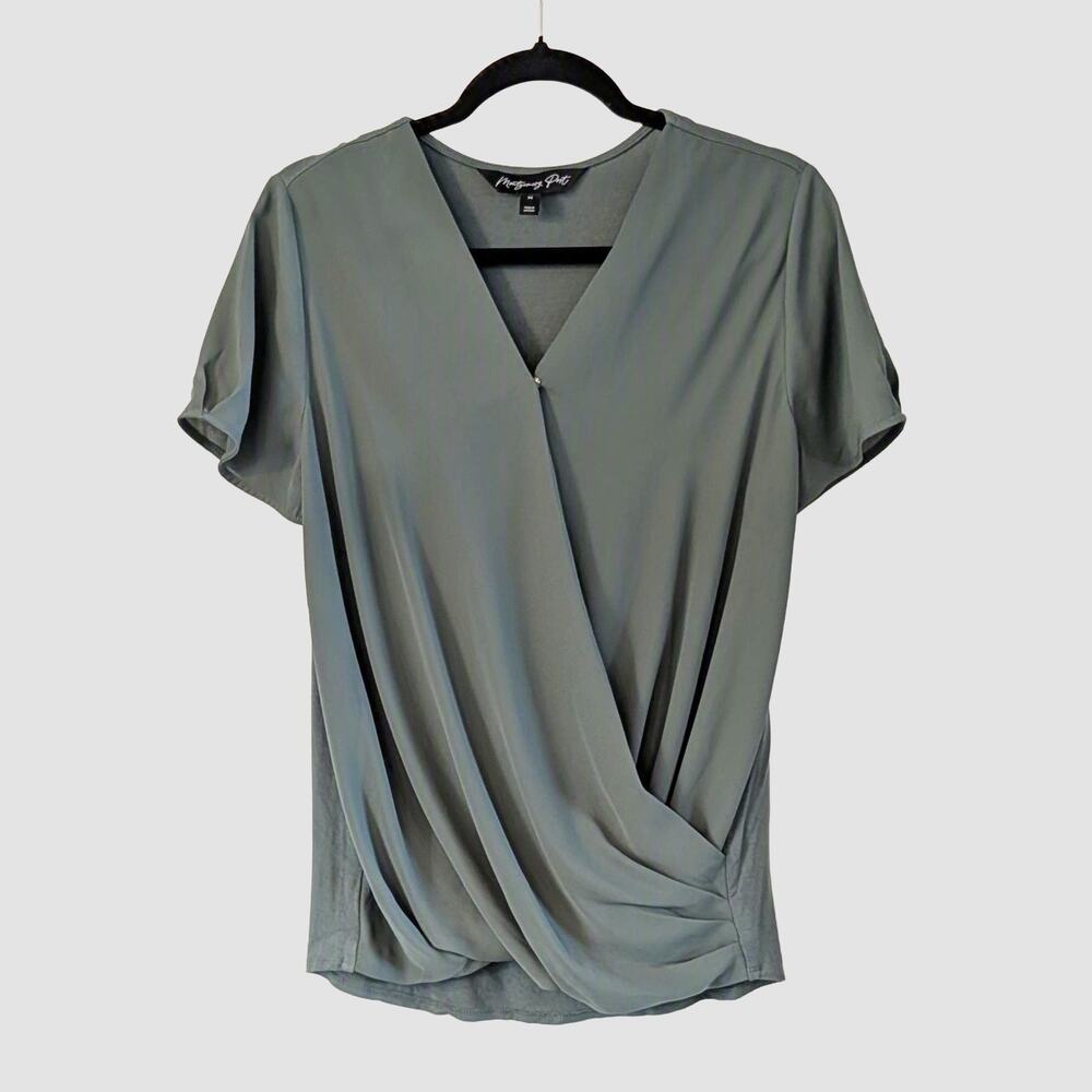 Montgomery Post Sage Green Faux Wrap Mixed Media Blouse Size M